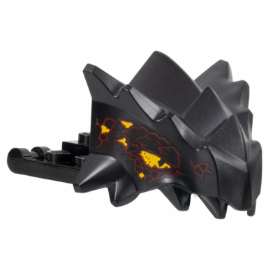 black dragon head ninjago jaw with spikes 8 studs and 2 bar handles on back with bright light orange eyes and dark red scales pattern