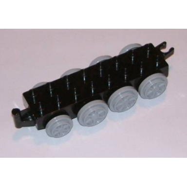 black duplo train base 2 x 8 with 8 light bluish gray train wheels and movable hook