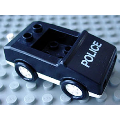 black duplo car with 1 x 2 studs with white base and police pattern