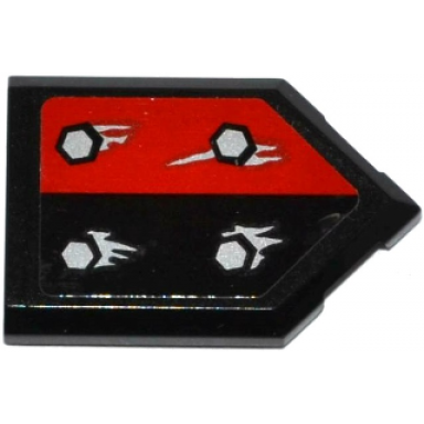 black tile modified 2 x 3 pentagonal with 4 silver bolts and corrosion on black red halves pattern sticker - set 70316