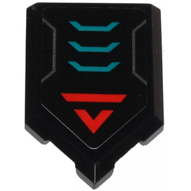 black tile modified 2 x 3 pentagonal with red v and stripe and silver and dark turquoise angled lines pattern sticker - set 71713
