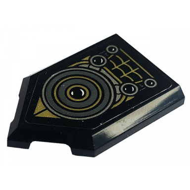 black tile modified 2 x 3 pentagonal with spider web eyes and dark bluish gray gold and silver circles pattern sticker - set 76195