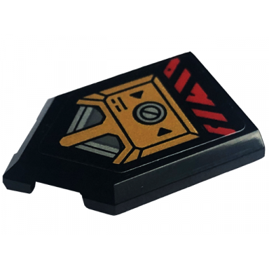 black tile modified 2 x 3 pentagonal with black triangles silver screw red danger stripes and gold armor plate pattern sticker - set 71775