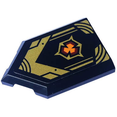 black tile modified 2 x 3 pentagonal with gold lines armor plates and dark red and orange emblem pattern sticker - set 71793