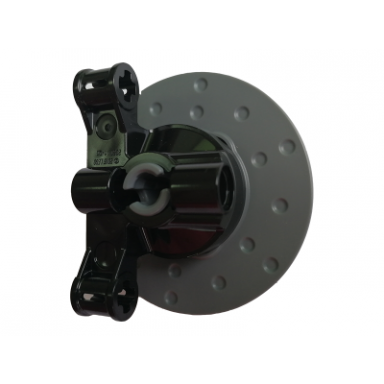 black technic steering axle with 2 pin holes and 2 arms with axle holes with slots with dark bluish gray wheel hub 3 pin holes round 23801 35189