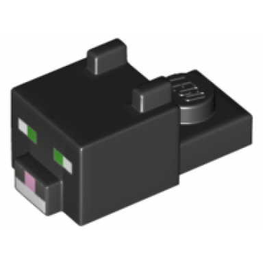 black creature head pixelated with ears nose and face with green eyes and bright pink nose pattern minecraft tuxedo cat