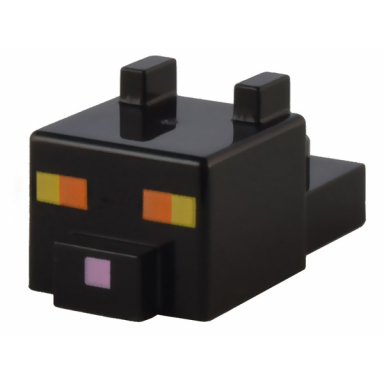 black creature head pixelated with ears nose and face with orange and yellow eyes and bright pink nose pattern minecraft black cat