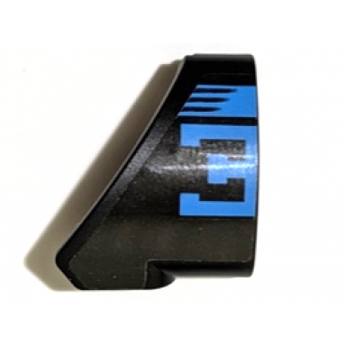 black technic panel curved 10 3 x 3 tapered right with dark azure stripe and bugatti logo left half capital letter e pattern sticker - set 42162