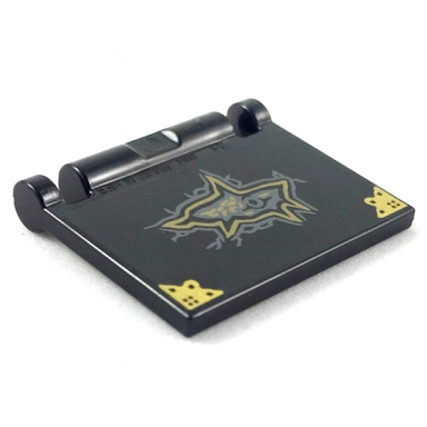 black minifigure utensil book cover with gold corner covers and large tear pattern