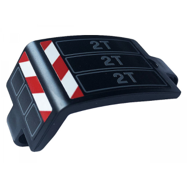 black technic panel curved 3 x 5 x 3 with red and white danger stripes and dark bluish gray 2t pattern model left side sticker - set 42108