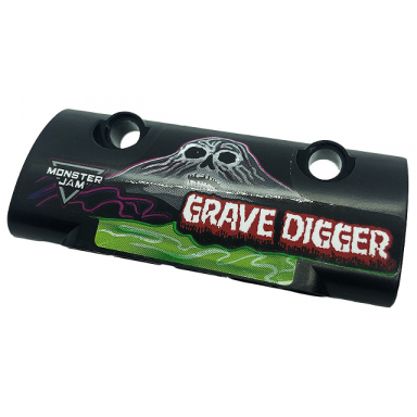 black technic panel curved 7 x 3 with 2 pin holes through panel surface with white grave digger skull and logo monster jam pattern model left side sticker - set 42118