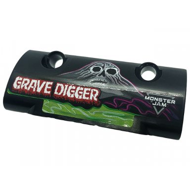 black technic panel curved 7 x 3 with 2 pin holes through panel surface with white grave digger skull and logo monster jam pattern model right side sticker - set 42118