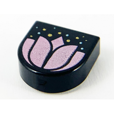 black tile round 1 x 1 half circle extended with metallic pink flower gold and metallic light blue dots pattern