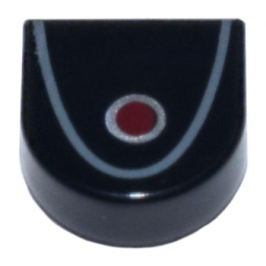 black tile round 1 x 1 half circle extended with red circle with silver outline and dark bluish gray curved line pattern