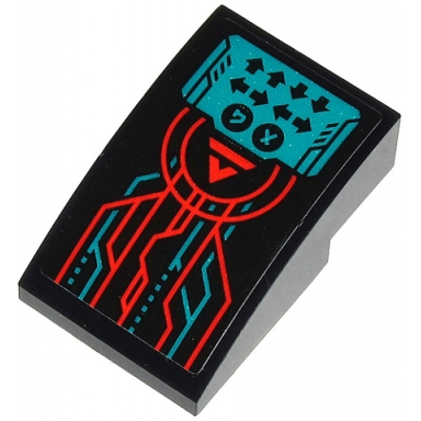 black slope curved 3 x 2 with red v and stripe control panel with arrows konami code and red and dark turquoise lines pattern sticker - set 71713