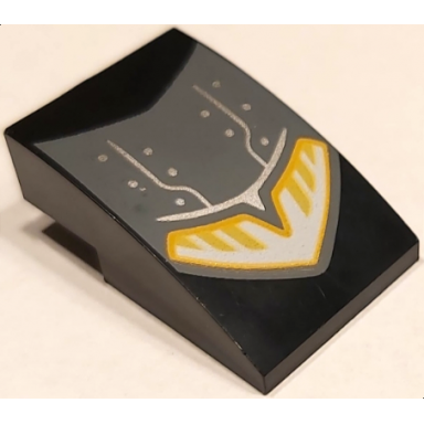 black slope curved 3 x 2 with dark bluish gray motorcycle mudguard with silver lines and dots and yellow and white headlight pattern