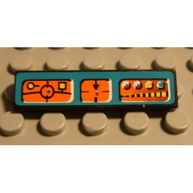 black tile 1 x 4 with orange control panels on dark turquoise background pattern sticker - set 8233