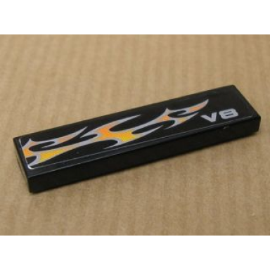 black tile 1 x 4 with v8 and white and orange flames pattern model left side sticker - set 8135