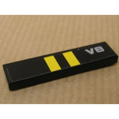 black tile 1 x 4 with two yellow stripes on black background and v8 pattern sticker - set 8154