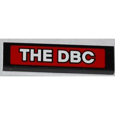 black tile 1 x 4 with white the dbc on red background pattern sticker - set 76005