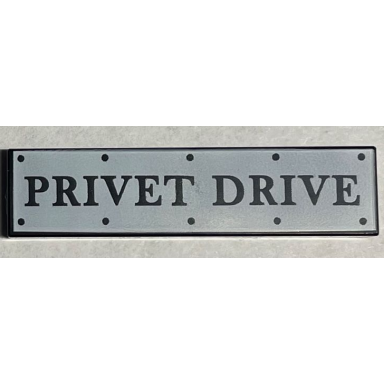 black tile 1 x 4 with road sign with privet drive and rivets on white background pattern