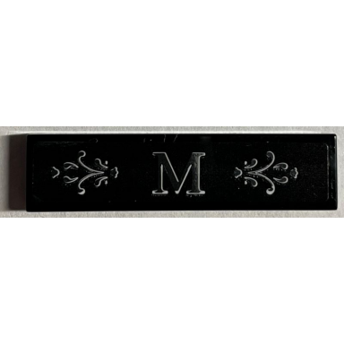 black tile 1 x 4 with silver letter m and ornate scrollwork pattern background sticker - set 21330