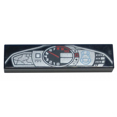 black tile 1 x 4 with dashboard display with car outline and silver and red speedometer gauge pattern