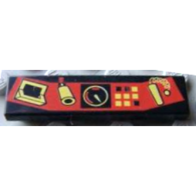 black tile 1 x 4 with red control panel with gauge and yellow buttons pattern