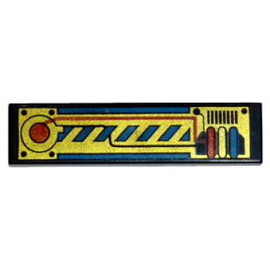 black tile 1 x 4 with roboforce gold red and blue circuitry pattern