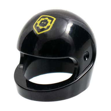 black minifigure headgear helmet motorcycle standard with yellow badge with minifigure head pattern