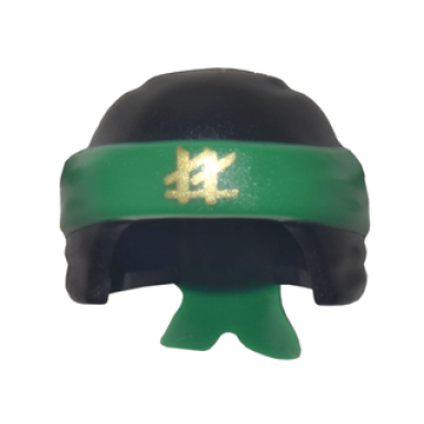 black minifigure headgear ninjago wrap type 3 with molded green bandana and knot and printed gold ninjago logogram ll pattern