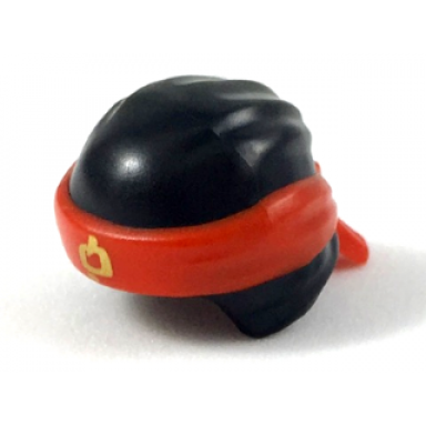 black minifigure headgear ninjago wrap type 3 with molded red bandana and knot and printed gold ninjago logogram letter h pattern