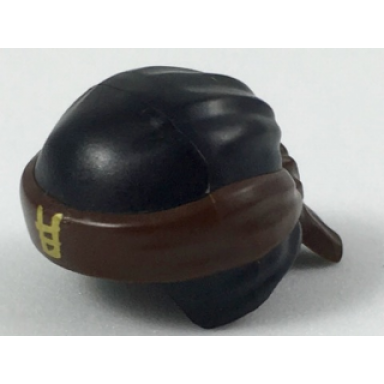 black minifigure headgear ninjago wrap type 3 with molded dark brown bandana and knot and printed gold ninjago logogram letter e pattern