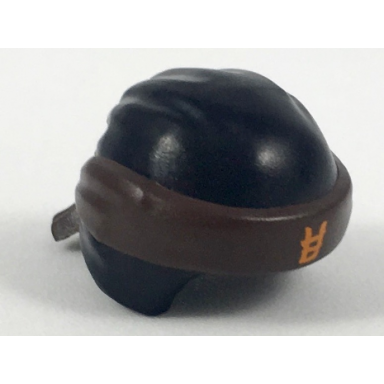 black minifigure headgear ninjago wrap type 3 with molded dark brown bandana and knot and printed orange ninjago logogram letter e pattern