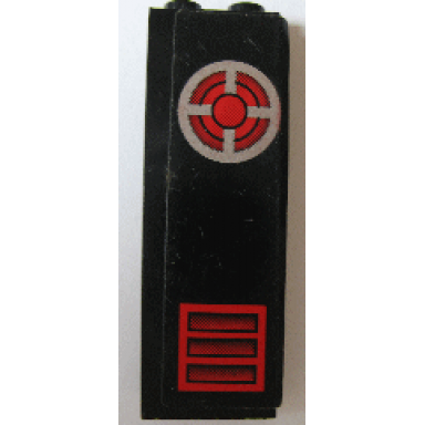 black brick 1 x 2 x 5 with red vent and silver circle with red and black pattern sticker - set 6776
