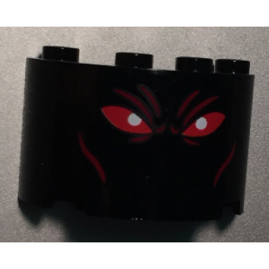 black cylinder half 2 x 4 x 2 with 1 x 2 cutout with red eyes ares face pattern
