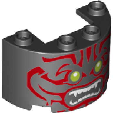 black cylinder half 2 x 4 x 2 with 1 x 2 cutout with red face green eyes and white teeth pattern
