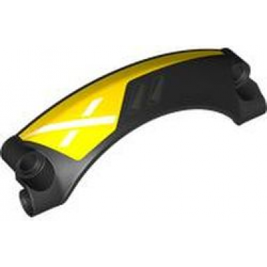 black technic panel car mudguard arched 42 9 x 2 x 3 rounded top with dark silver air vents and white x on yellow background pattern model left side