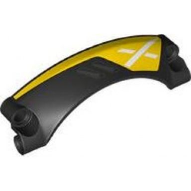 black technic panel car mudguard arched 42 9 x 2 x 3 rounded top with dark silver air vents and white x on yellow background pattern model right side
