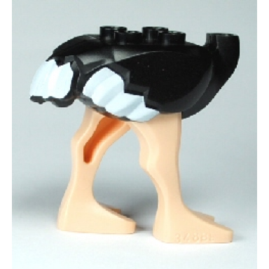 black ostrich body with molded light nougat legs and printed white feathers pattern