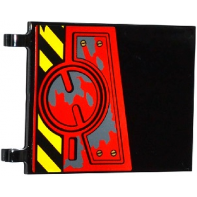 black flag 6 x 5 with black and yellow danger stripes hatch with 4 screws and dark bluish gray splatters pattern model left side sticker - set 70750