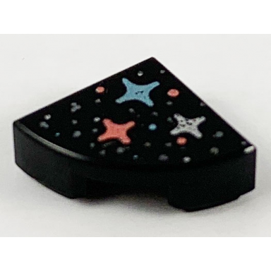black tile round 1 x 1 quarter with silver metallic light blue and coral stars and dots pattern