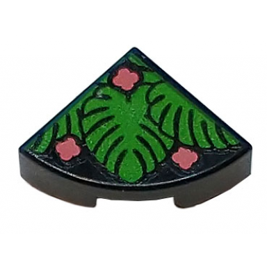 black tile round 1 x 1 quarter with bright green tropical leaves and coral flowers pattern