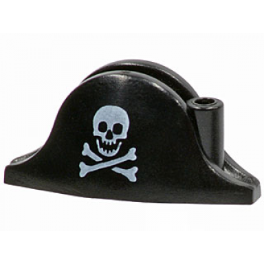 black minifigure headgear hat pirate bicorne with white skull and crossbones round cranium and neutral eye sockets pattern
