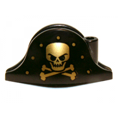 black minifigure headgear hat pirate bicorne with gold skull crossbones and dots pattern
