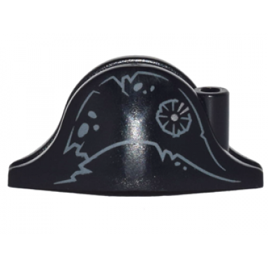 black minifigure headgear hat pirate bicorne with tattered lines and spots and silver emblem pattern