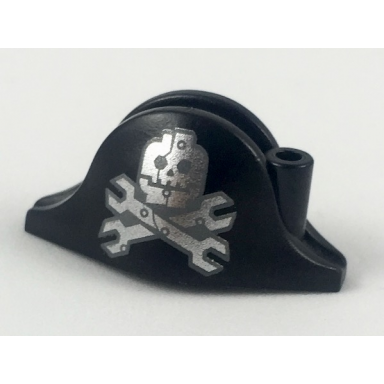 minifigure headgear hat pirate bicorne with silver minifigure skull with half mask and wrenches crossbones pattern