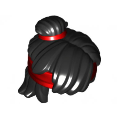 black minifigure hair mid-length tousled top knot bun with molded red headband and hair tie pattern