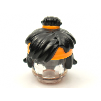 black minifigure hair mid-length tousled top knot bun with molded orange headband and hair tie pattern