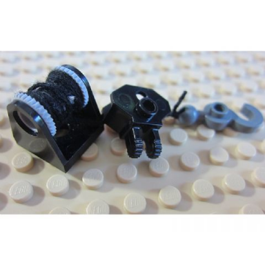 black string reel 2 x 2 holder with light bluish gray drum with black string thin black tow ball socket and dark bluish gray hook with tow ball 2584 2585 x77a 30396 30395